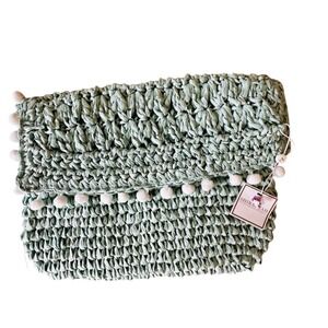 SHIRALEAH Chicago Woven Clutch‎ Pom Pom Tassel Mint Green Evening Bag NWT